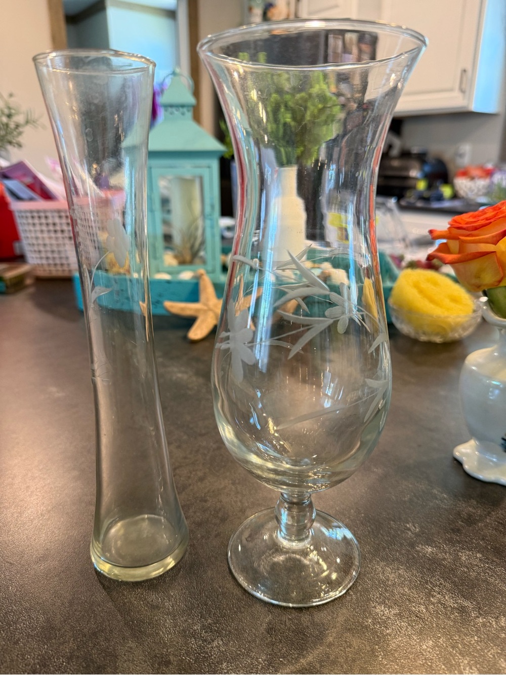 Etched Glass Pedestal Vase with Slim Bud Vase Pair
